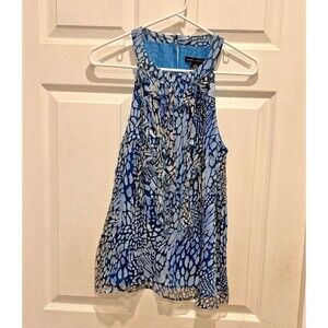 Elena Solano Lined Tank Top 100% Silk Ruffle Collar Leaf Print Blue Women Medium